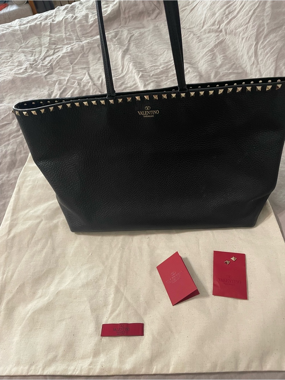 Valentino Black Pebbled Leather Tote with Gold Rockstud Trim